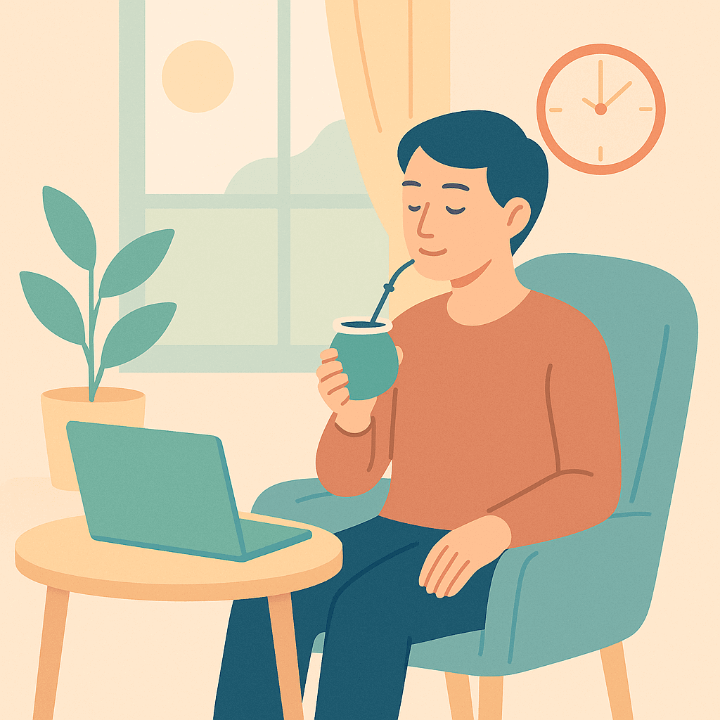 Persona sentada tomando mate frente a laptop
