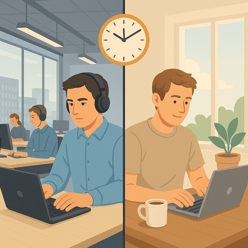 Trabajo Híbrido Persona frente a laptop en oficina y hogar