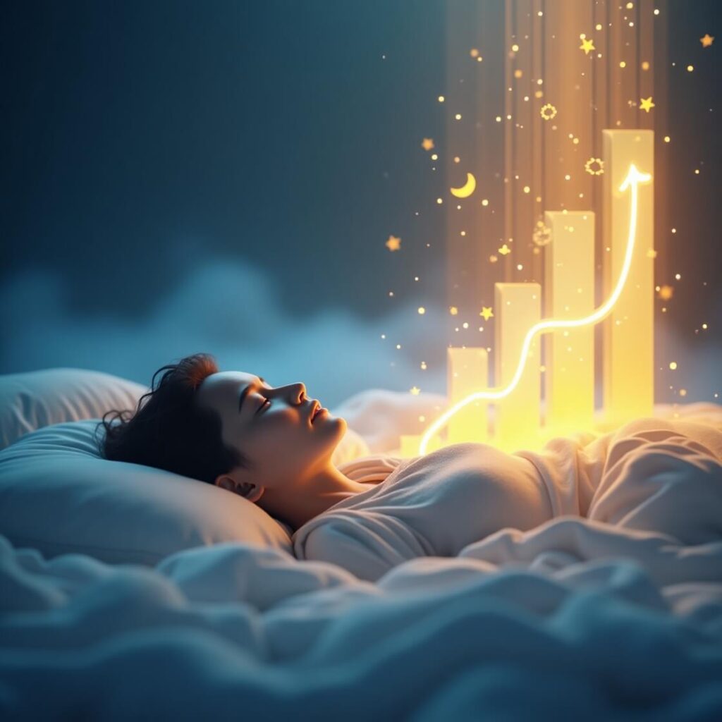 Representación visual del poder del sueño para la productividad: una figura dormida serena de la que emana éxito, claridad y concentración.