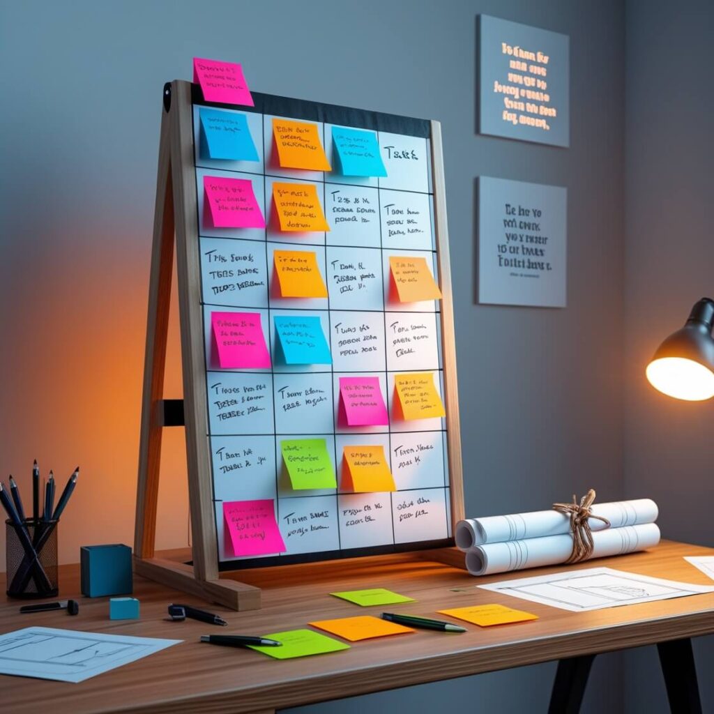 tablero kanban sobre escritorio ordenado
